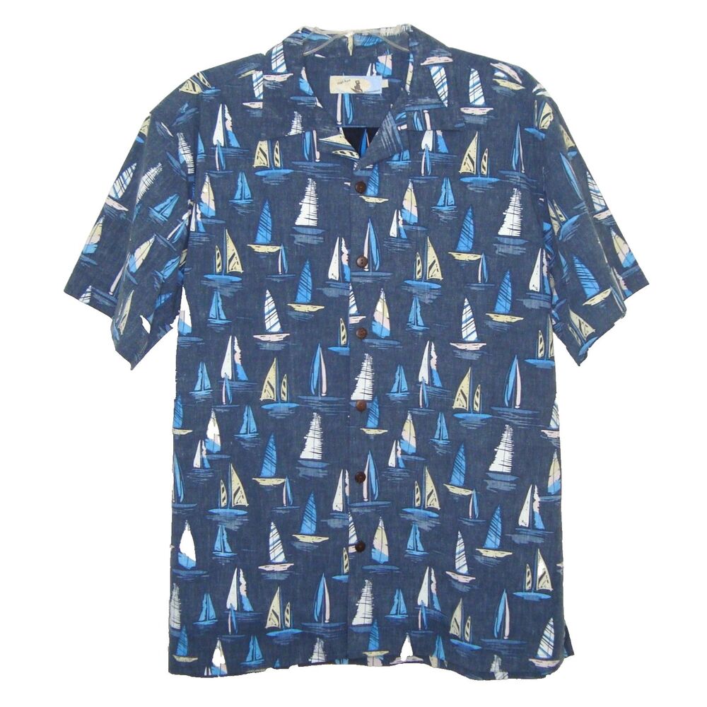 High Surf Mens Camp Shirt Cotton Short Sleeve Sailboats Nautical Ocean